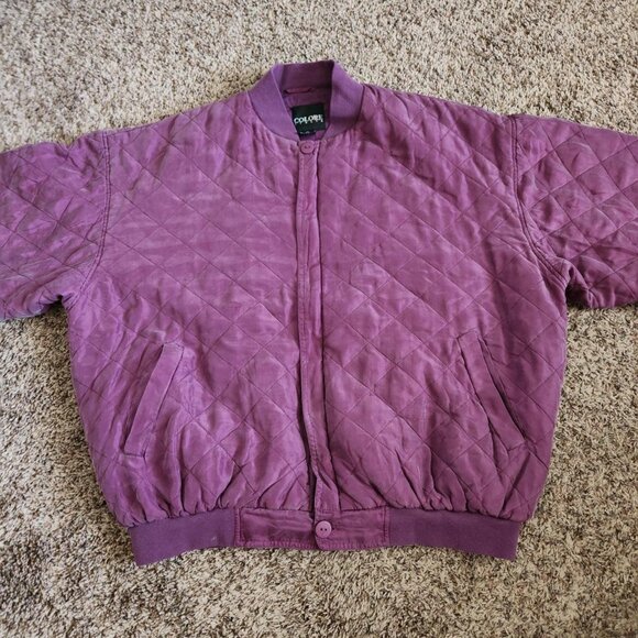 Vintage Bomber Jacket Silk Quilted Puffer XL Full Zip Purple Retro Jumper - Picture 2 of 8